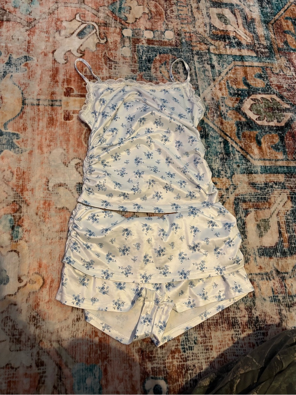 Women's Floral Lace-Trim Satin Cami & Shorts Set in Cream and Light Blue